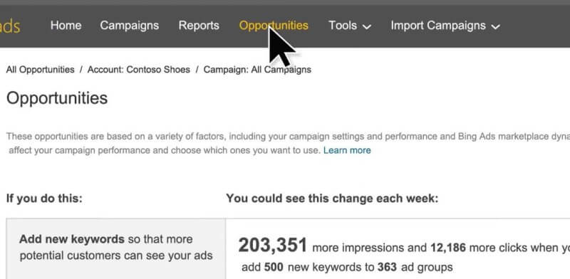 Bing Ads Opportunities Tab